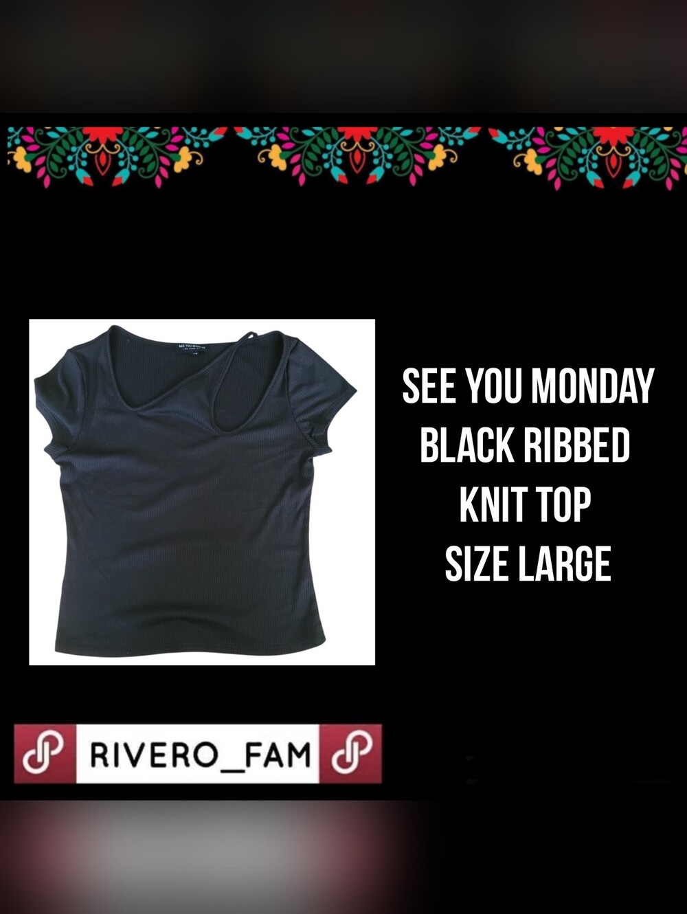SEE YOU MONDAY | BLACK RIBBED KNIT TOP | SIZE LARGE